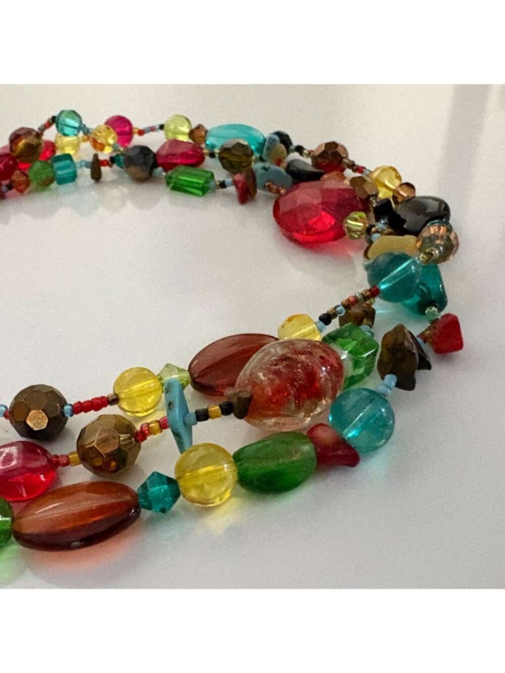 Colorful Multistrand Glass Beaded Gemstone Necklace Silvertone Statement - Picture 6 of 9